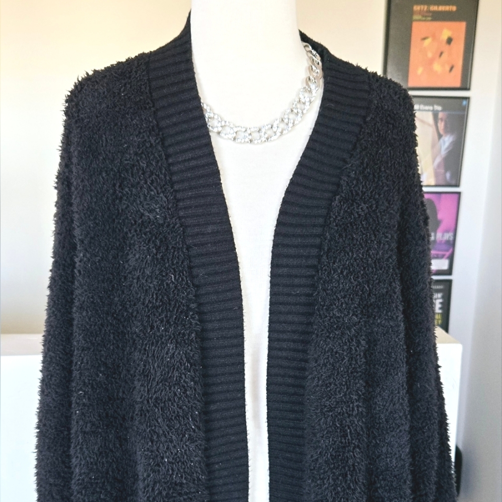BAREFOOT DREAMS Cozy Chic Ribbed Knit Trim Cardigan Sweater Coat Black 1X - Picture 4 of 12